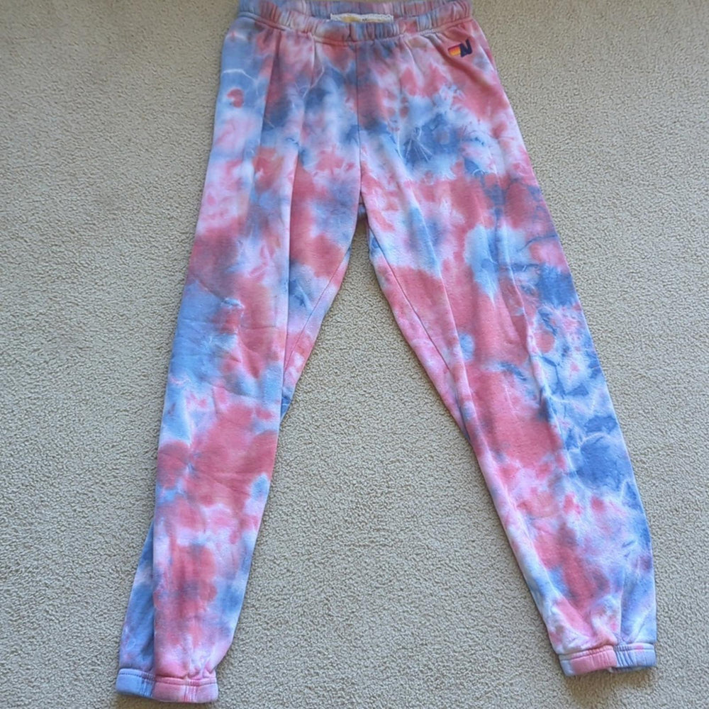 Aviator Nation light weight tie dye jogger sweatpants red and blue