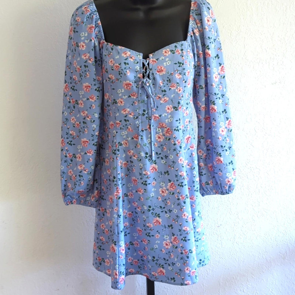 Abercrombie Floral blue mini long sleeve tie front dress
