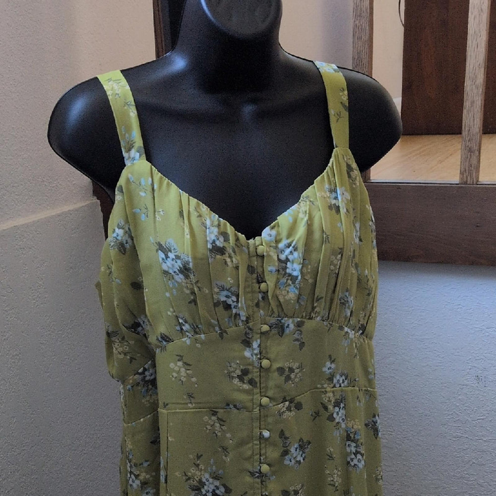 Abercrombie And Fitch Green Floral Button Down Midi Dress - Large