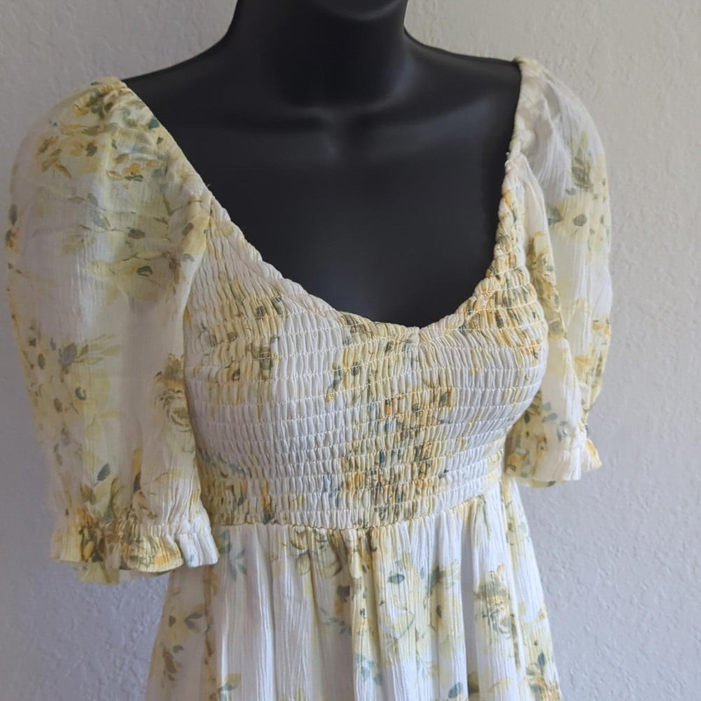 Abercrombie ruched midi dress yellow floral - Large