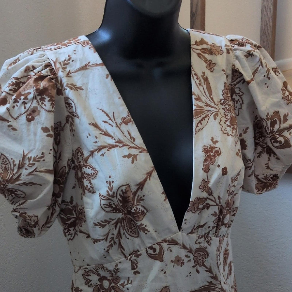 Abercrombie And Fitch Brown Floral Slim Poplin Puff Sleeve Dress - Small