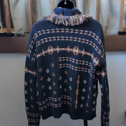 Pendleton Fringe Shawl Geometric Navy Cardigan - Large