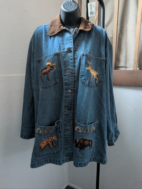Vintage Embroidered Casey Coleman Denim Woodland Animals Barn Jacket - M/L