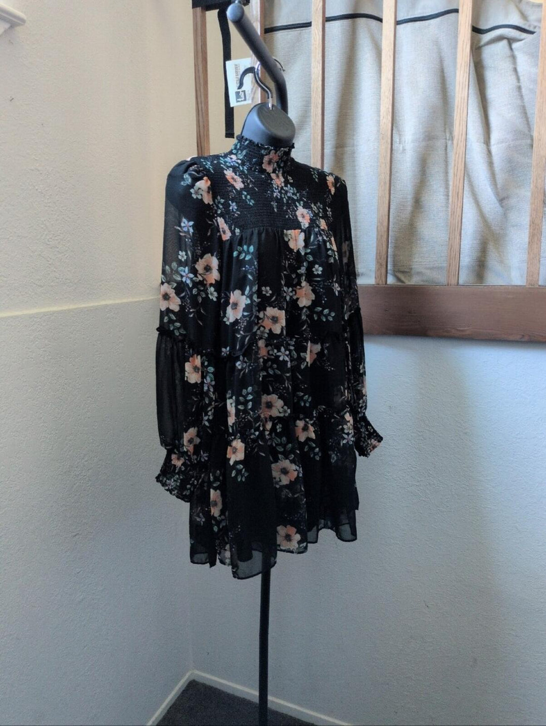 Azalea High Neck Dark Floral Long Sleeve Mini Dress - S