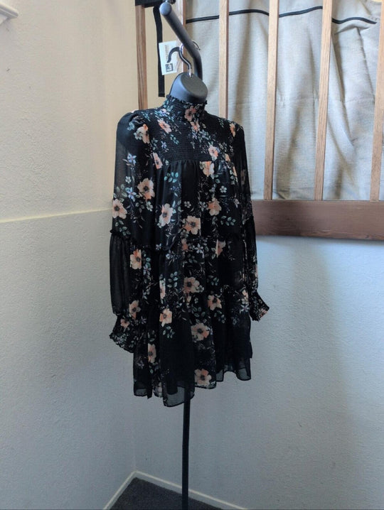 Azalea High Neck Dark Floral Long Sleeve Mini Dress - S