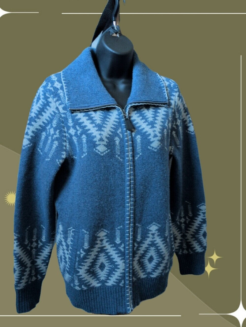 Pendleton Aztec/Navajo-patterned blue wool zip-up jacket or cardigan size s