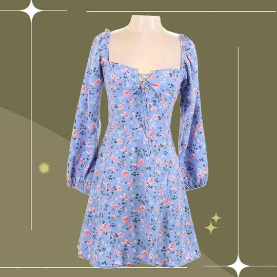 Abercrombie Floral blue mini long sleeve tie front dress