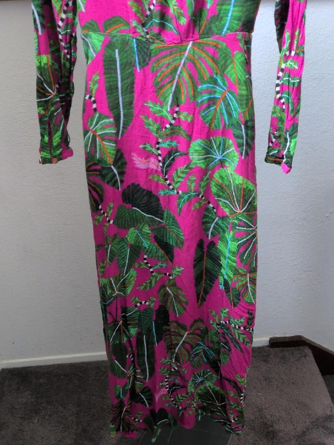Farm Rio Pink Leaves Print Faux Wrap Maxi Dress - Small
