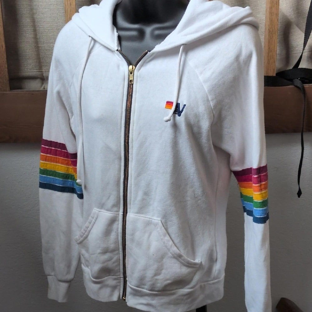 FINAL SALE *Stained*  - Aviator Nation Six Stripe Rainbow Zip Up Hoodie - Extra Small