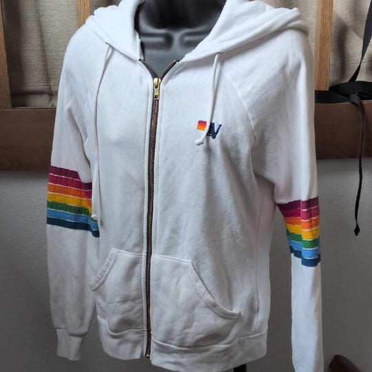 FINAL SALE *Stained*  - Aviator Nation Six Stripe Rainbow Zip Up Hoodie - Extra Small