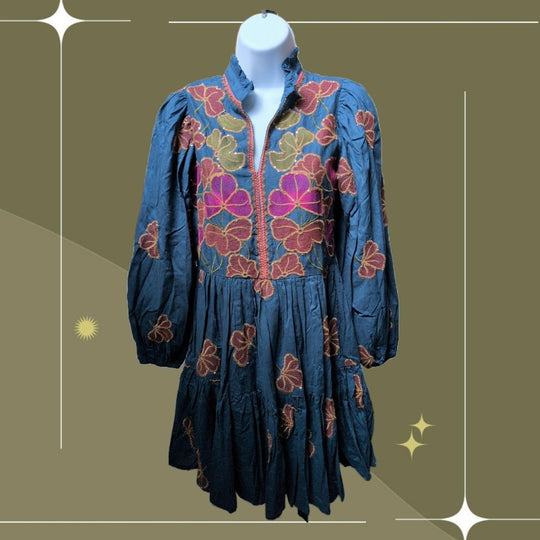 Oliphant Tuckernuck Almay Blue Long Sleeve Yoke Mini Dress - XXS