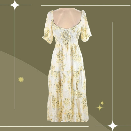 Abercrombie ruched midi dress yellow floral - Large