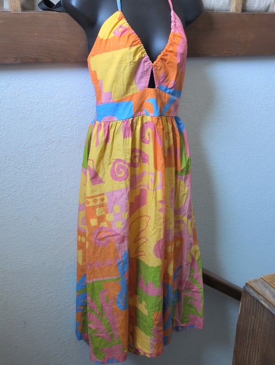 Paradisa Maldives Orange Multi Cotton Abstract Print Midi Dress size s