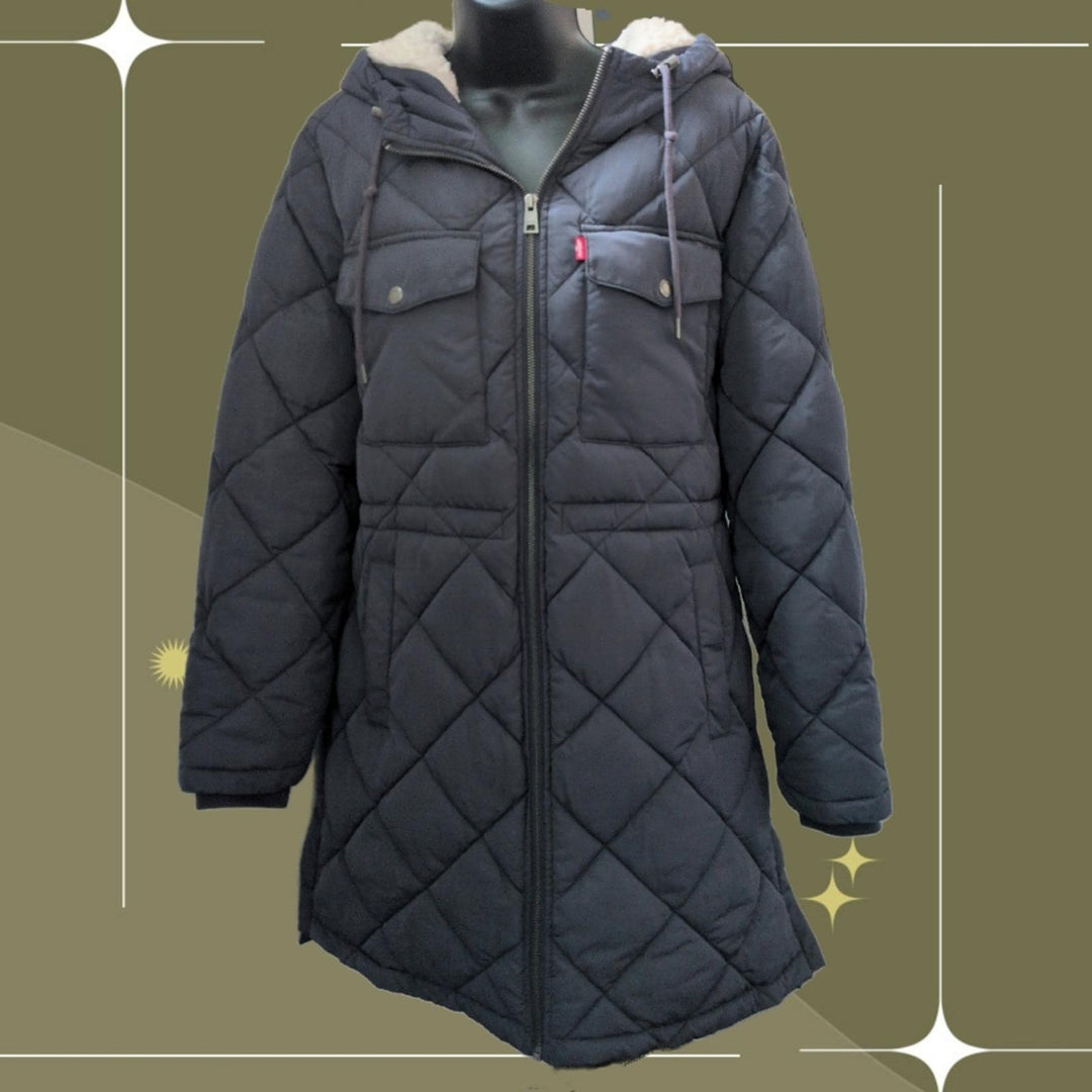 Levi's Diamond Sherpa Long Quilted Parka With Hood - Large