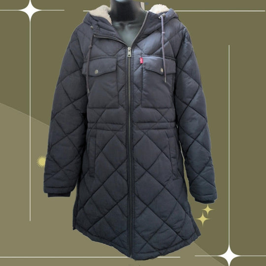 Levi's Diamond Sherpa Long Quilted Parka With Hood - Large
