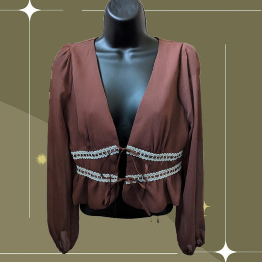 BaeVely Sheer Sleeve Tie Top - Small