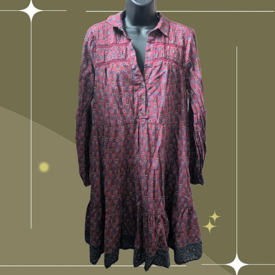 Anthropologie Diyana Tiered Tunic Dress In Burgundy Floral  - Large