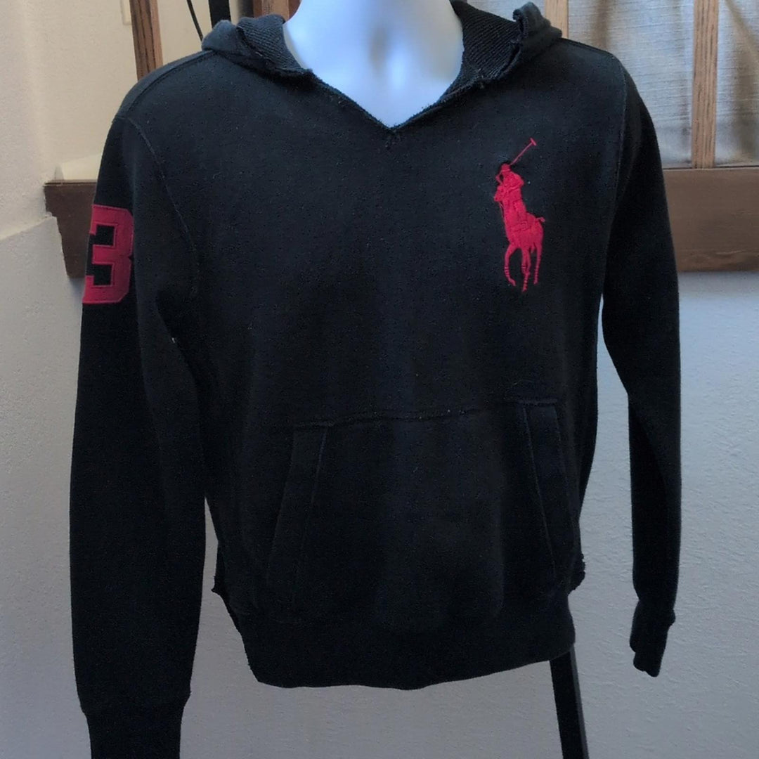 Men's**Distressed** Polo Ralph Lauren Vintage Big Pony Black Hoodie  - Small
