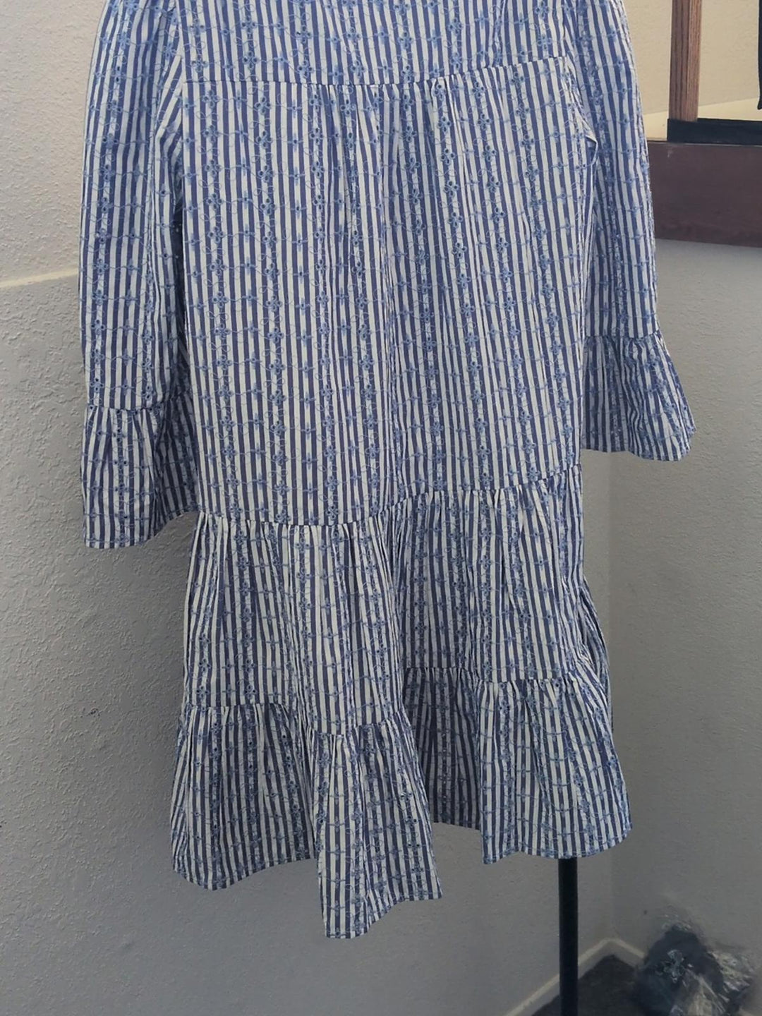 Pomander Place Blue Stripe Floral Embroidered Lanie Dress - Medium