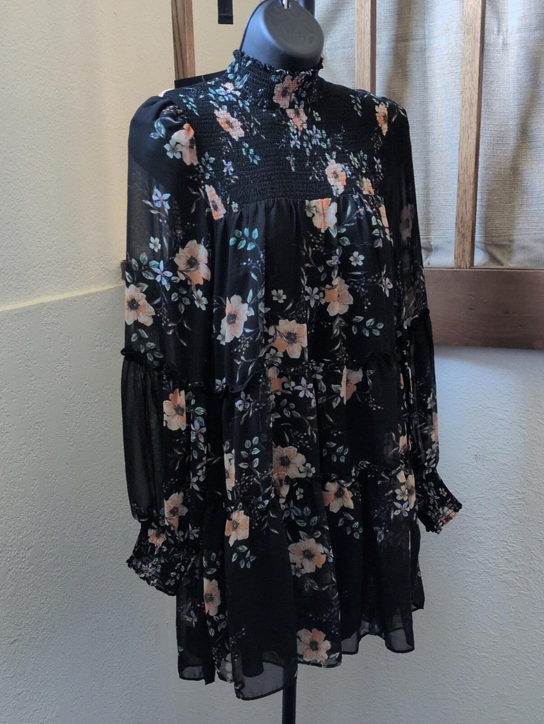 Azalea High Neck Dark Floral Long Sleeve Mini Dress - S