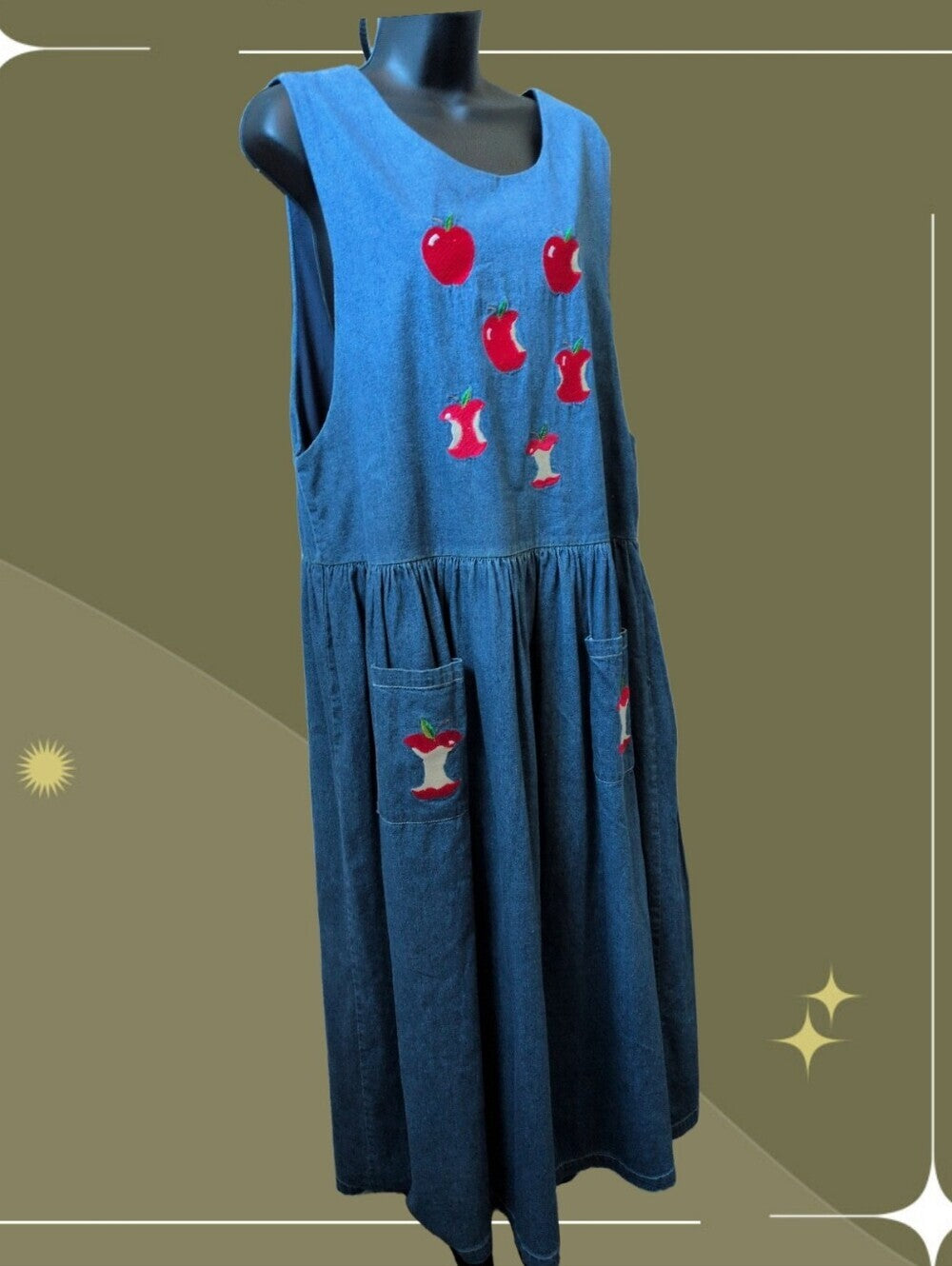 Vintage Casey Coleman apple-embroidered denim jumper dress -Large