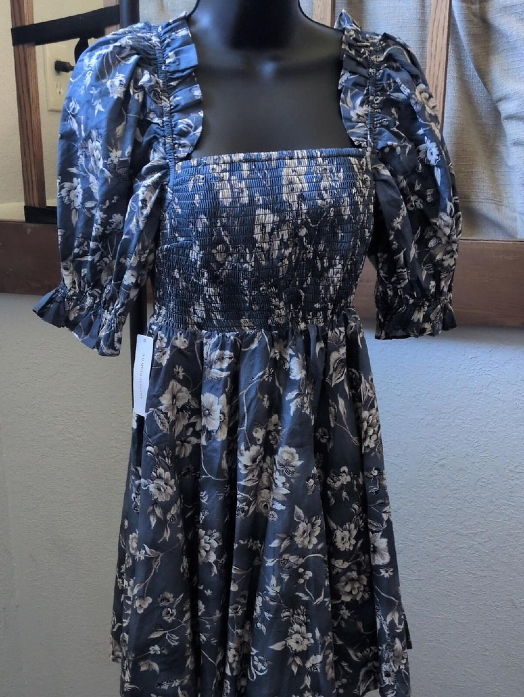 Selkie Blue Floral Cotton Puff Sleeve Mini Dress - L