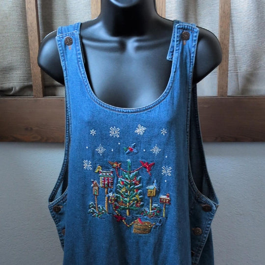 Vintage Casey Coleman Christmas Winter Bird Scene Denim Dress - 1x