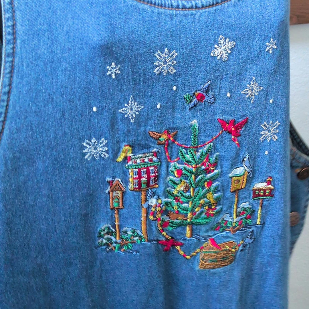 Vintage Casey Coleman Christmas Winter Bird Scene Denim Dress - 1x