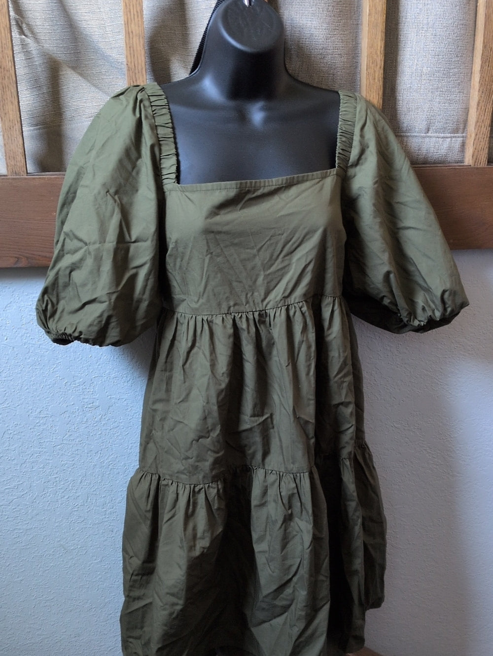 MiNKPINK Issy Tie Back Babydoll Smock Dress in khaki/olive green - small