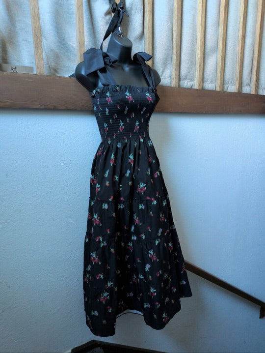 Hill House Ribbon Ellie Nap Dress in black ikat floral - Small
