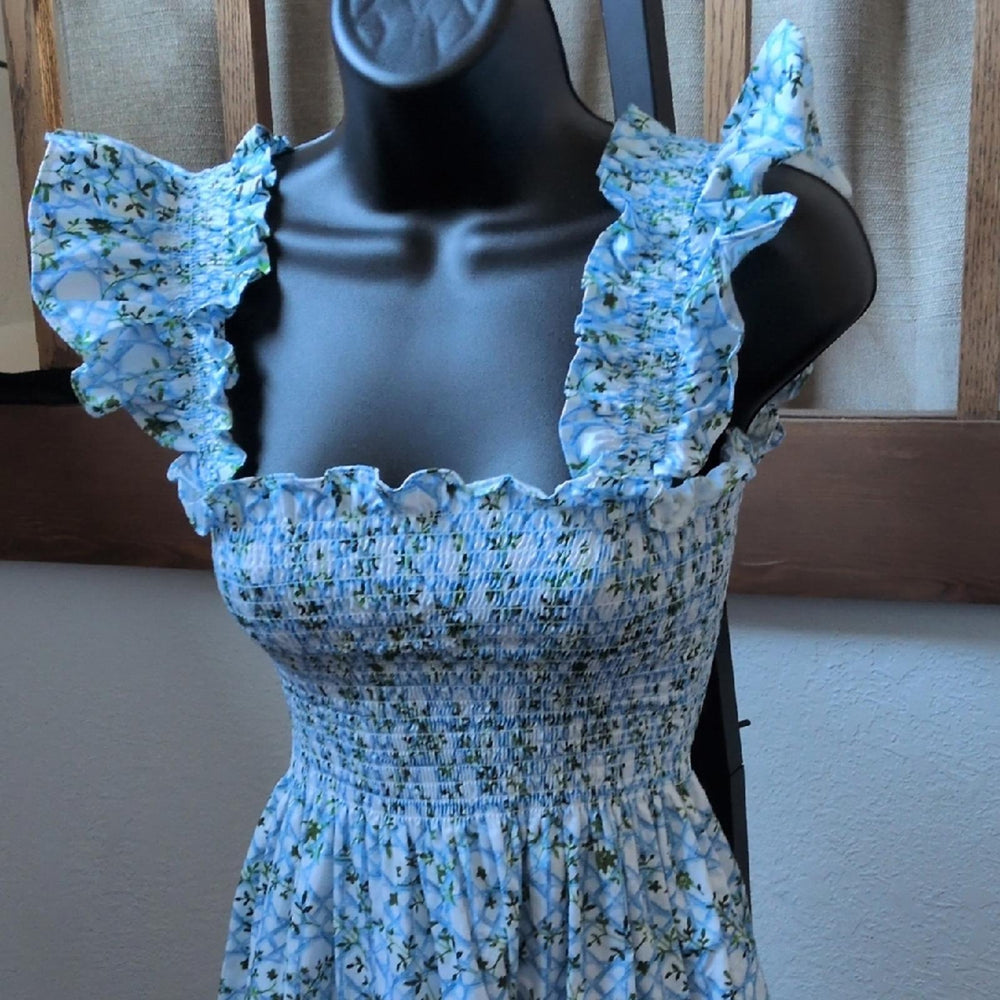 Hill House Home Ellie Blue Basket Weave Floral Nap Dress - Extra Small