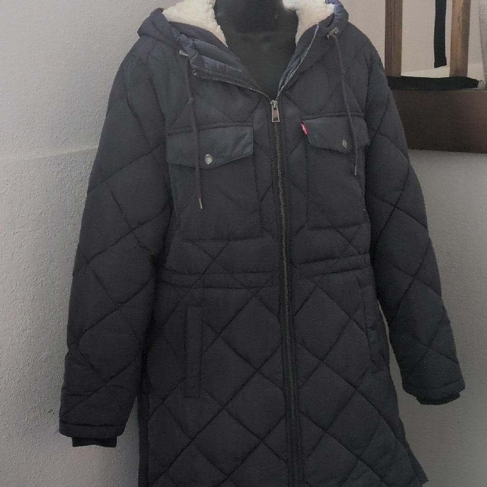 Levi's Diamond Sherpa Long Quilted Parka With Hood - Large