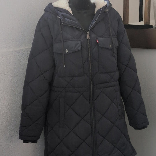 Levi's Diamond Sherpa Long Quilted Parka With Hood - Large