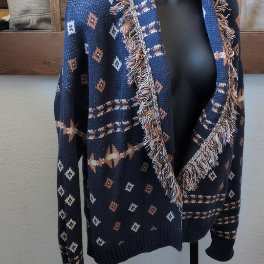 Pendleton Fringe Shawl Geometric Navy Cardigan - Large