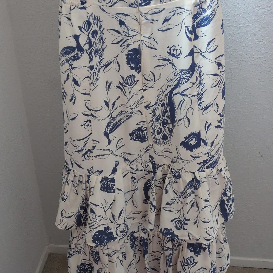 Abercrombie Tiered Ruffle Drama Maxi Dress In Blue Peacock Floral - Medium