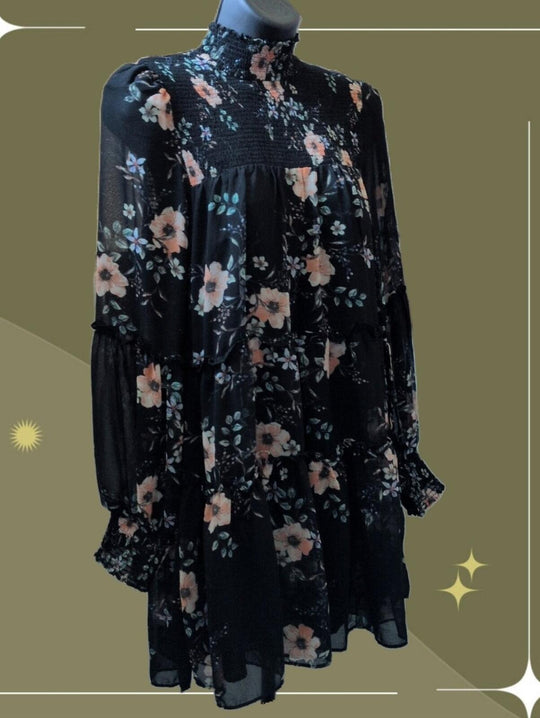 Azalea High Neck Dark Floral Long Sleeve Mini Dress - S