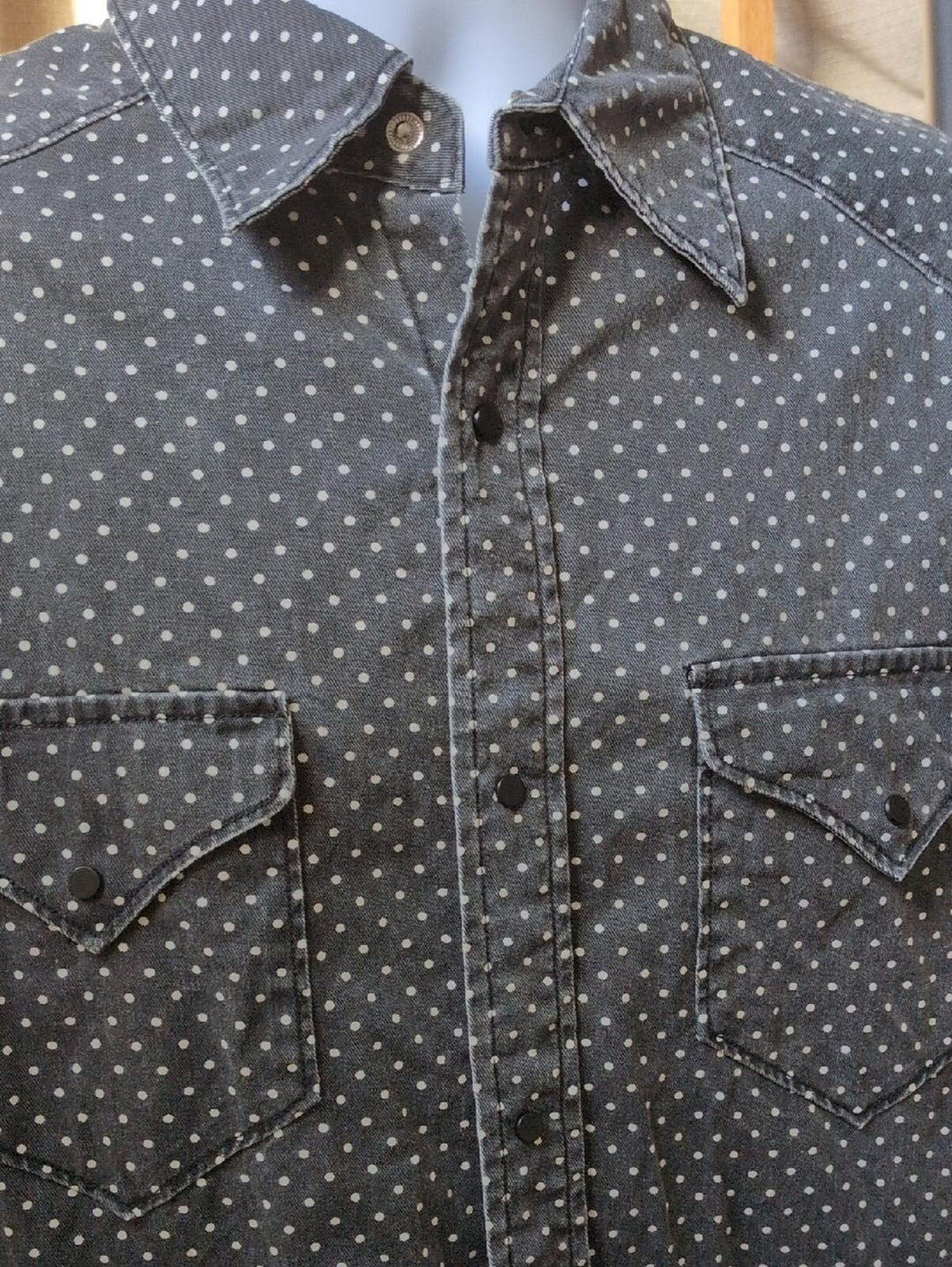 Man X One Teaspoon Men's Gray And White Dot Denim Snap Down Western Shirt -  M