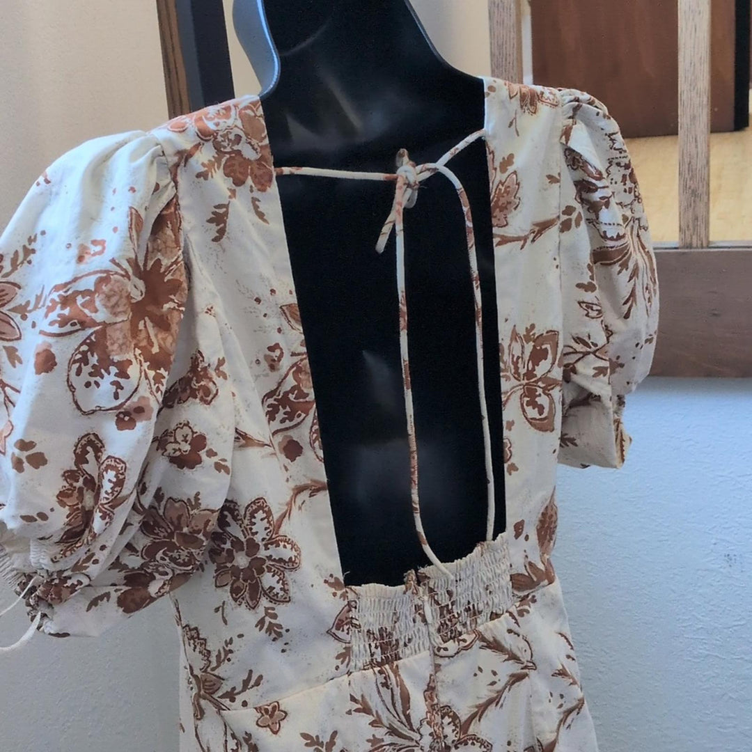 Abercrombie And Fitch Brown Floral Slim Poplin Puff Sleeve Dress - Small