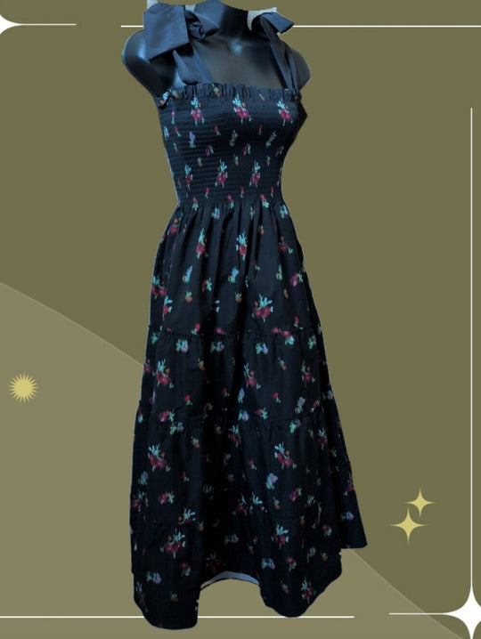 Hill House Ribbon Ellie Nap Dress in black ikat floral - Small