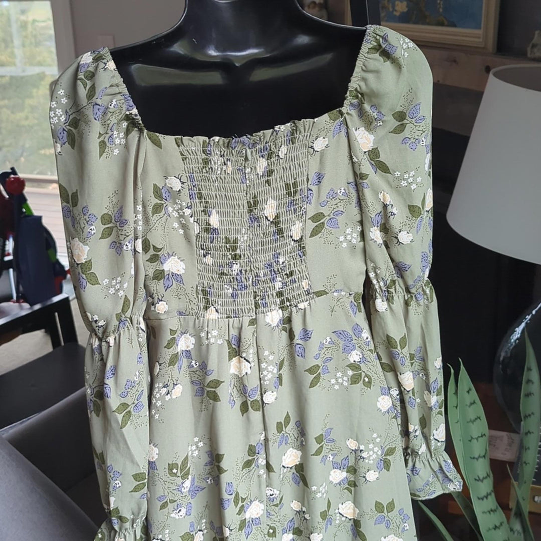 Rihoas green square neck long sleeve puff sleeve dress - Small