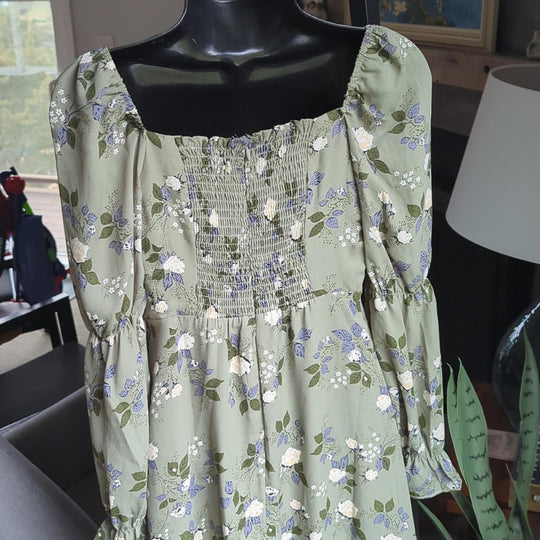 Rihoas green square neck long sleeve puff sleeve dress - Small