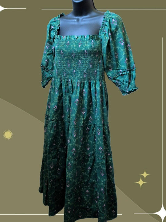 Hill House Nestli Nap Dress In Green Trellis Floral - Small