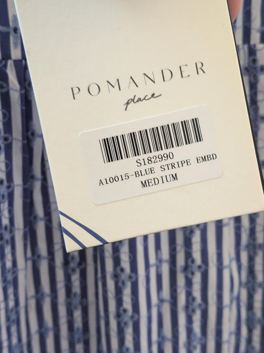 Pomander Place Blue Stripe Floral Embroidered Lanie Dress - Medium