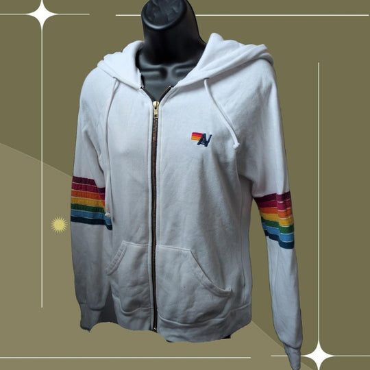 FINAL SALE *Stained*  - Aviator Nation Six Stripe Rainbow Zip Up Hoodie - Extra Small