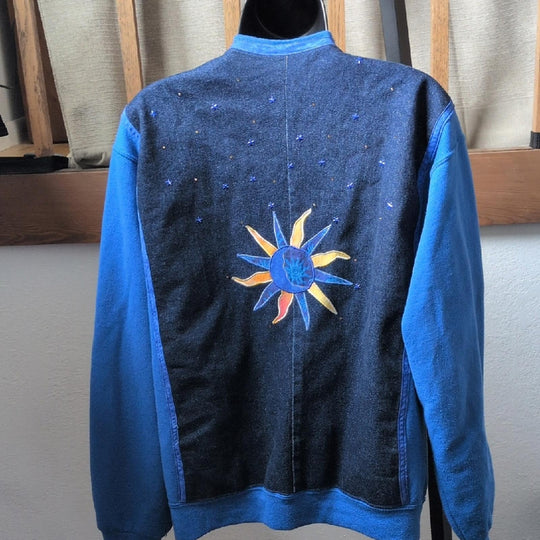 Handmade Upcycled Wrangler Sun and Moon Sweater Jacket - M/L
