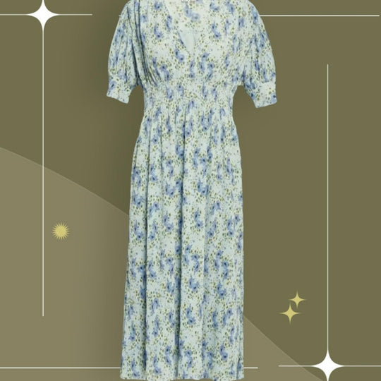 Ganni Pleated Georgette V-Neck Smock Midi Dress- Medium