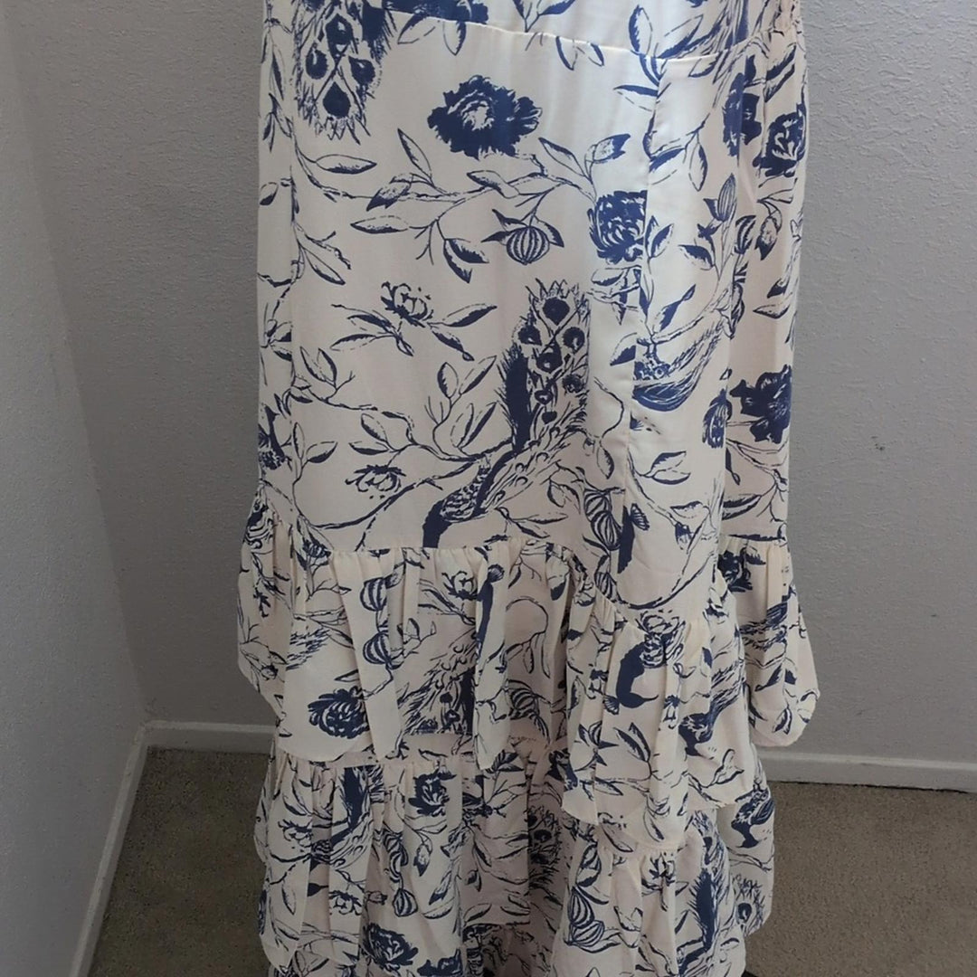 Abercrombie Tiered Ruffle Drama Maxi Dress In Blue Peacock Floral - Medium