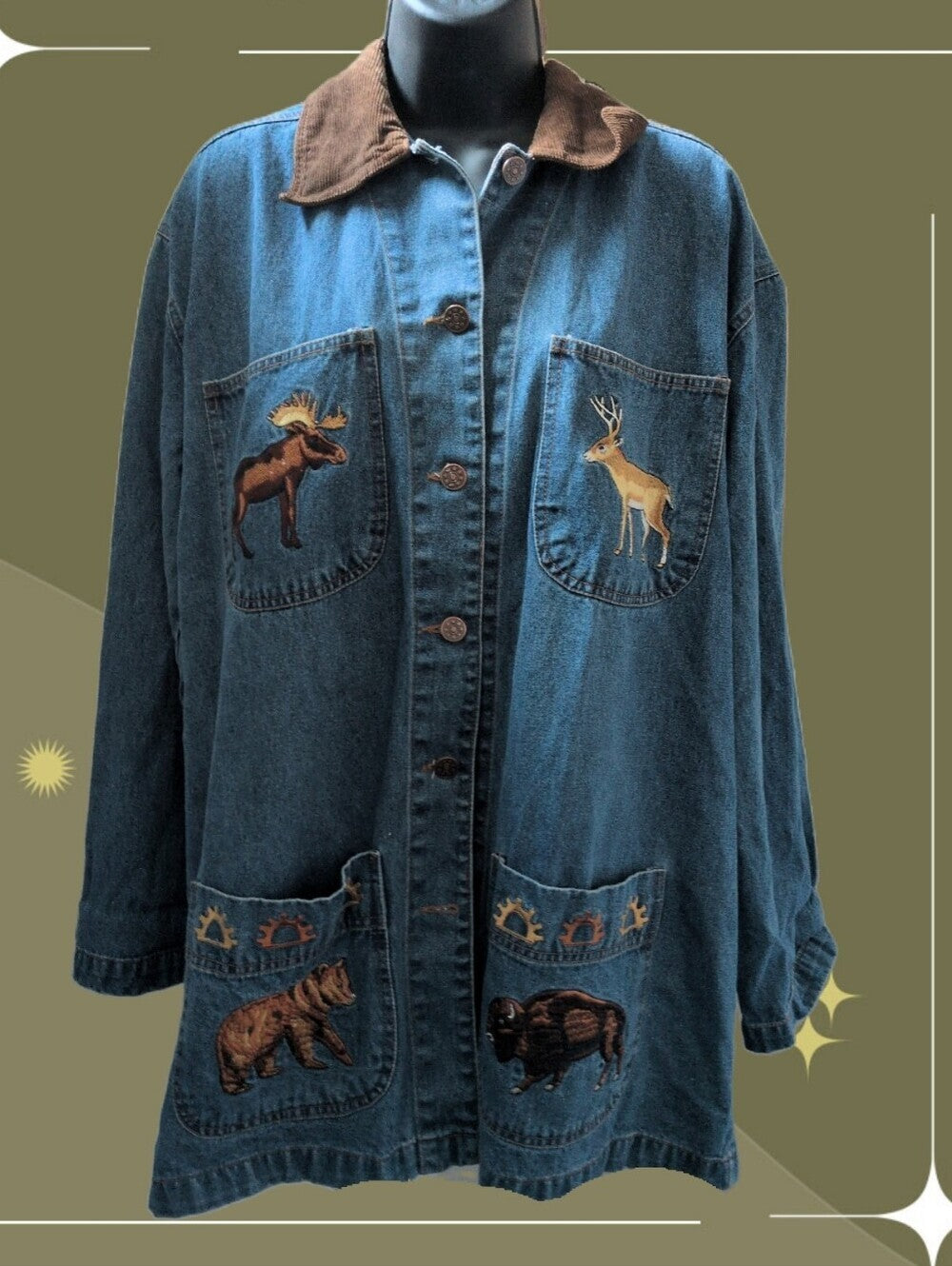 Vintage Embroidered Casey Coleman Denim Woodland Animals Barn Jacket - M/L