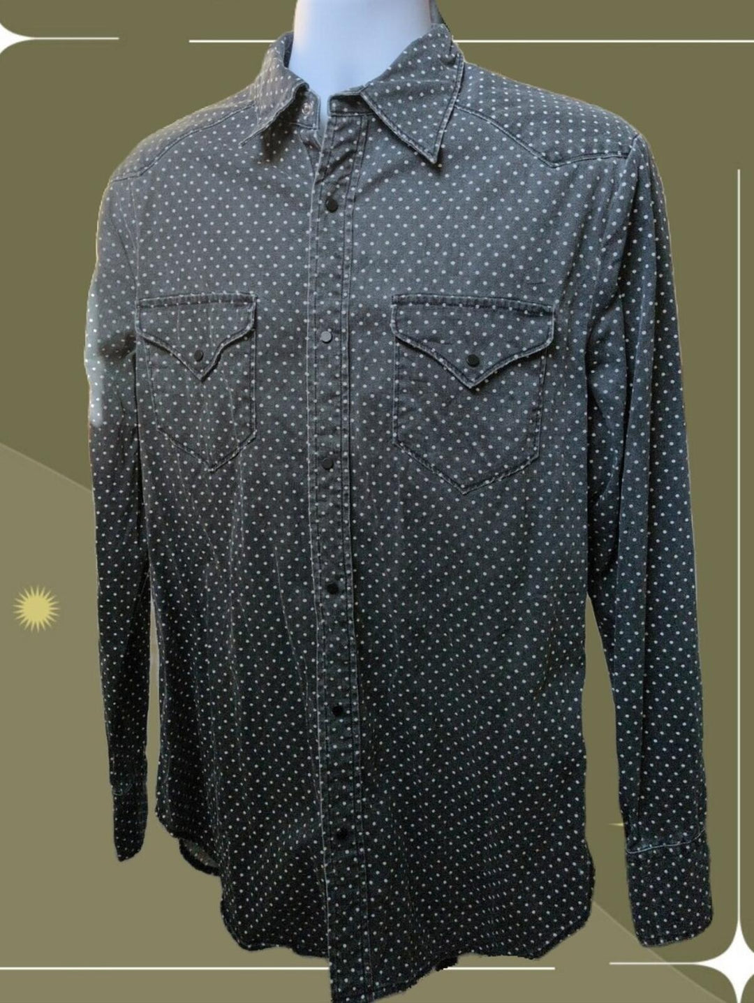 Man X One Teaspoon Men's Gray And White Dot Denim Snap Down Western Shirt -  M
