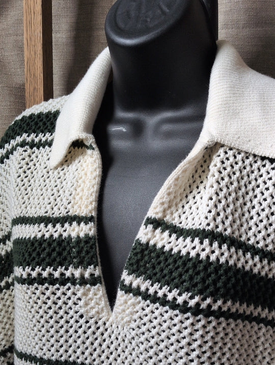 Madewell Open-Stitch Johnny Collar Sweater in Summit Green Stripe - L